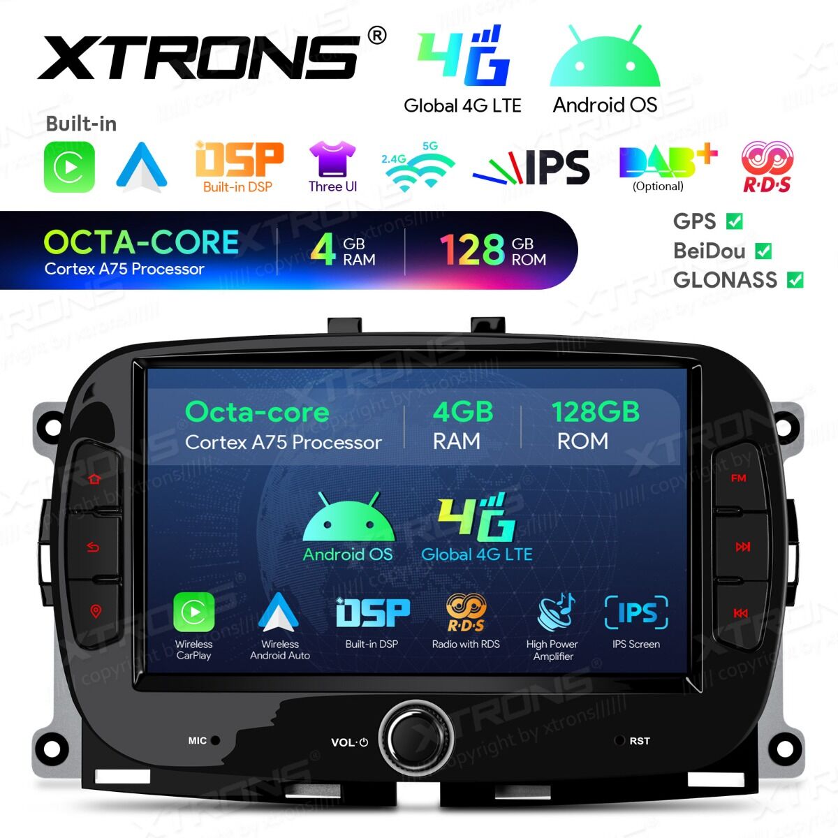 Fiat 500/Abarth 500 (2016-2019) 7 pollici Octa Core 4+128GB Global 4G Carplay Android auto Wireless BT GPS WIFI USB IAH74500FL
