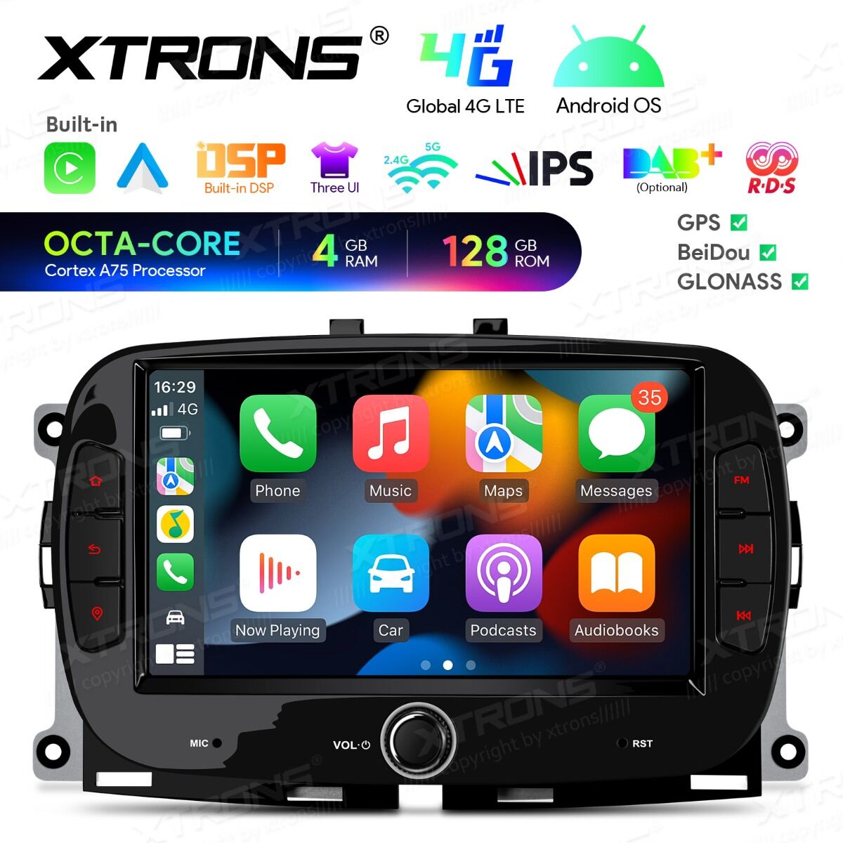 Fiat 500/Abarth 500 (2016-2019) 7 pollici Octa Core 4+128GB Global 4G Carplay Android auto Wireless BT GPS WIFI USB IAH74500FL