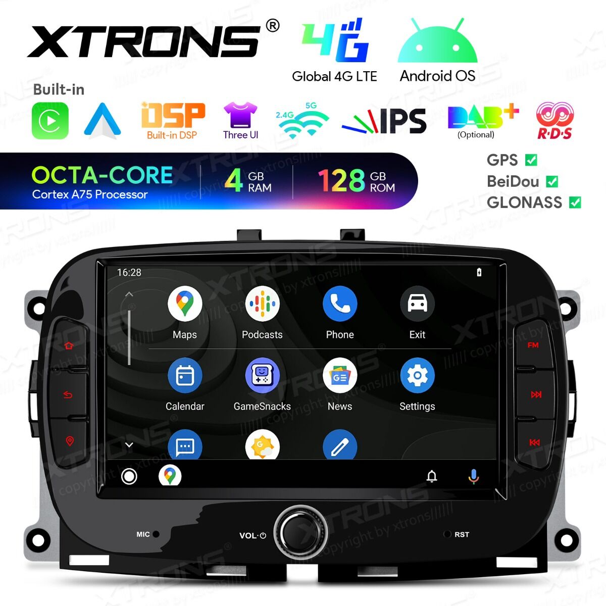 Fiat 500/Abarth 500 (2016-2019) 7 pollici Octa Core 4+128GB Global 4G Carplay Android auto Wireless BT GPS WIFI USB IAH74500FL