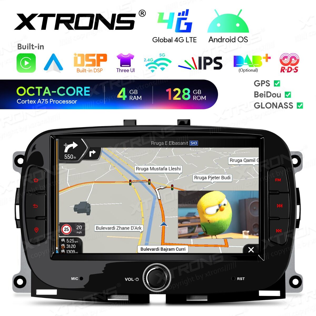Fiat 500/Abarth 500 (2016-2019) 7 pollici Octa Core 4+128GB Global 4G Carplay Android auto Wireless BT GPS WIFI USB IAH74500FL