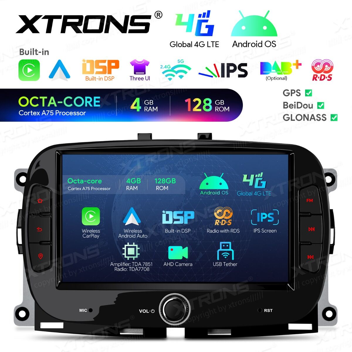 Fiat 500/Abarth 500 (2016-2019) 7 pollici Octa Core 4+128GB Global 4G Carplay Android auto Wireless BT GPS WIFI USB IAH74500FL