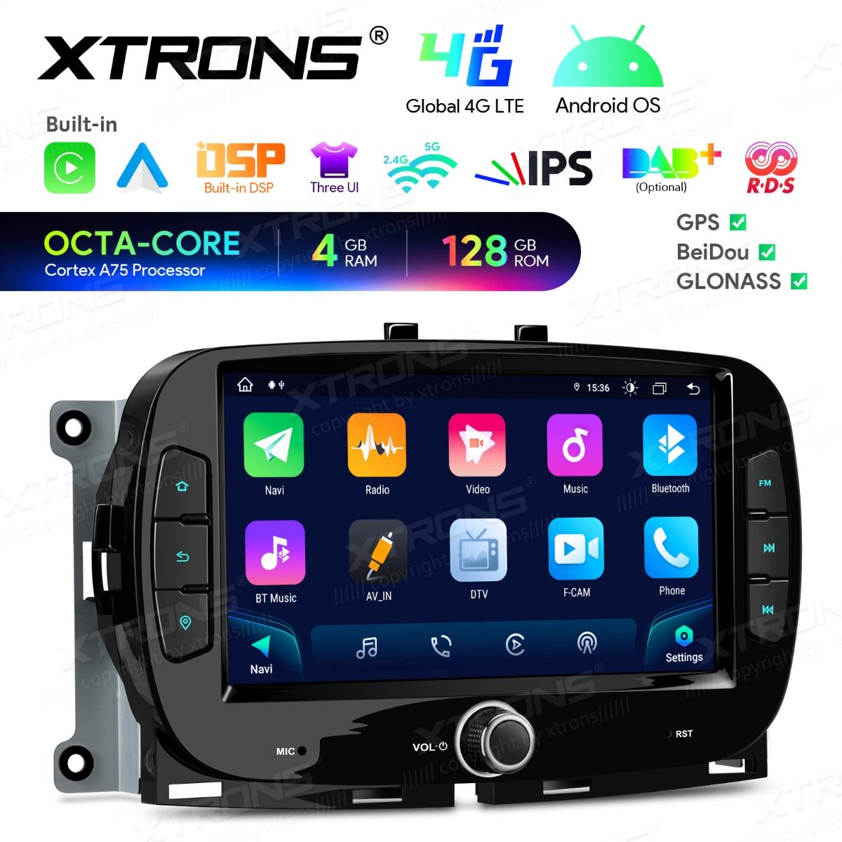 Fiat 500/Abarth 500 (2016-2019) 7 pollici Octa Core 4+128GB Global 4G Carplay Android auto Wireless BT GPS WIFI USB IAH74500FL