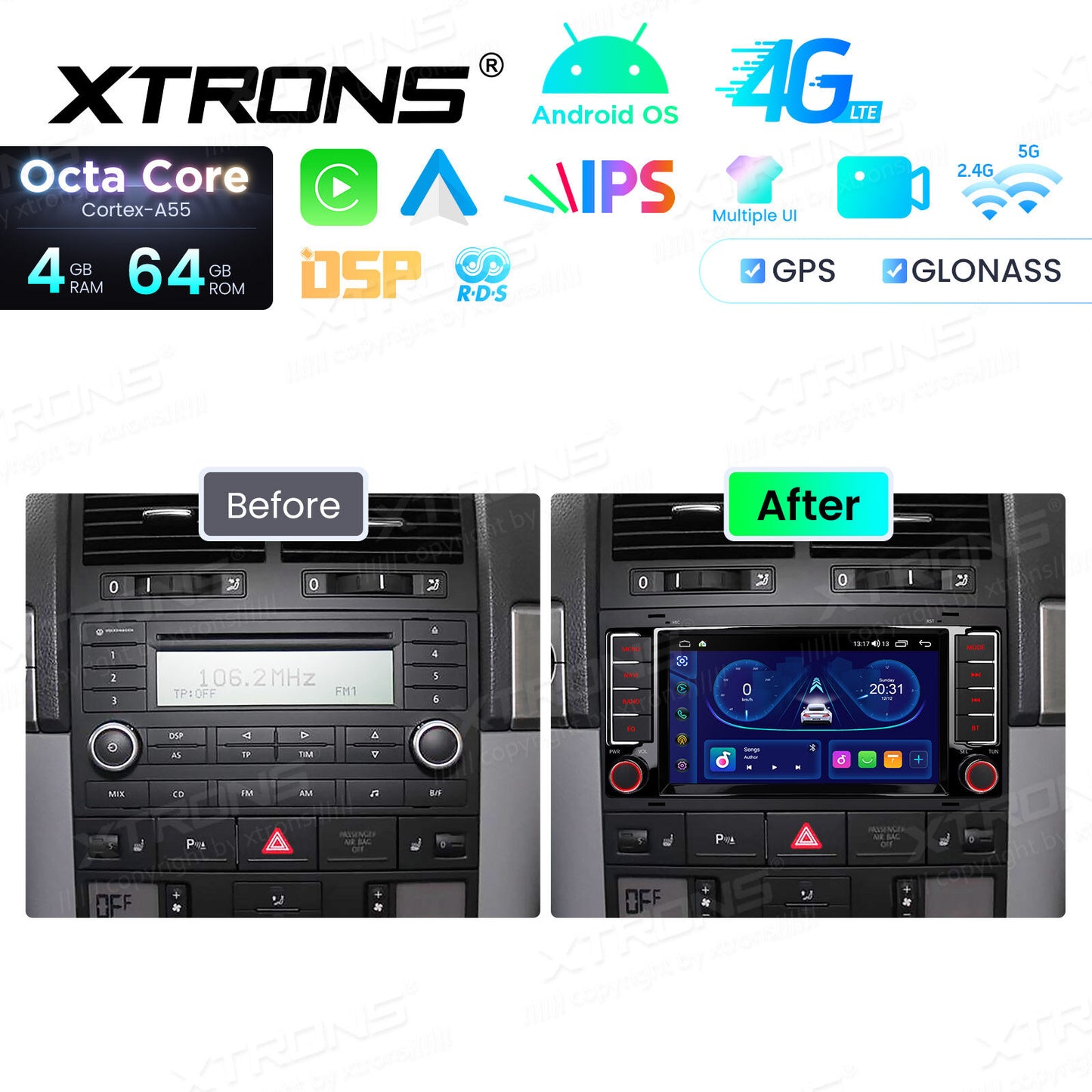 Volkswagen Transporter Touareg 2004-2009 7" Android 14 4/64 GB OCTACORE Carplay Android auto wireless wifi bt gps 4g ID70TRVL