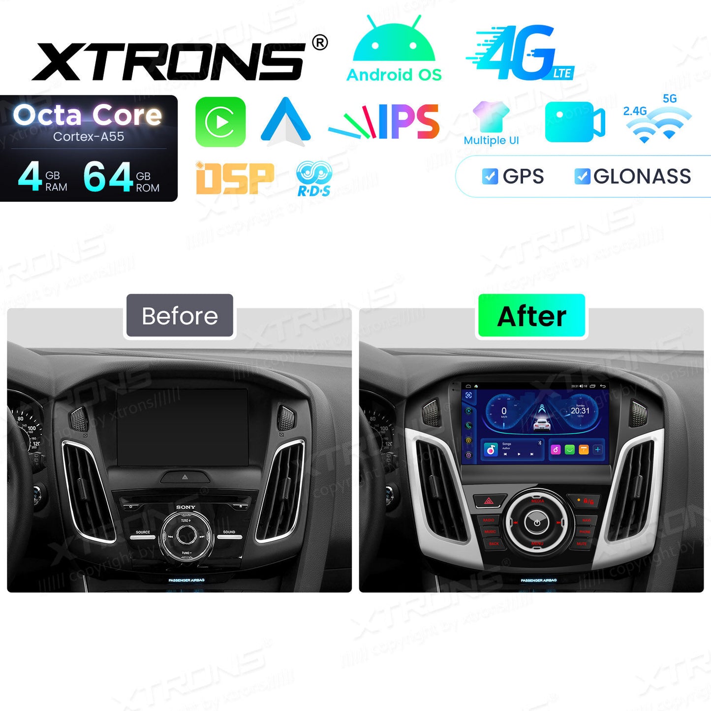 Ford Focus 3 Mk 3 2011 - 2019 9" Android 14 4/64 GB RAM OCTACORE Carplay Android auto wireless wifi bt gps 4g  IDP90FSFB