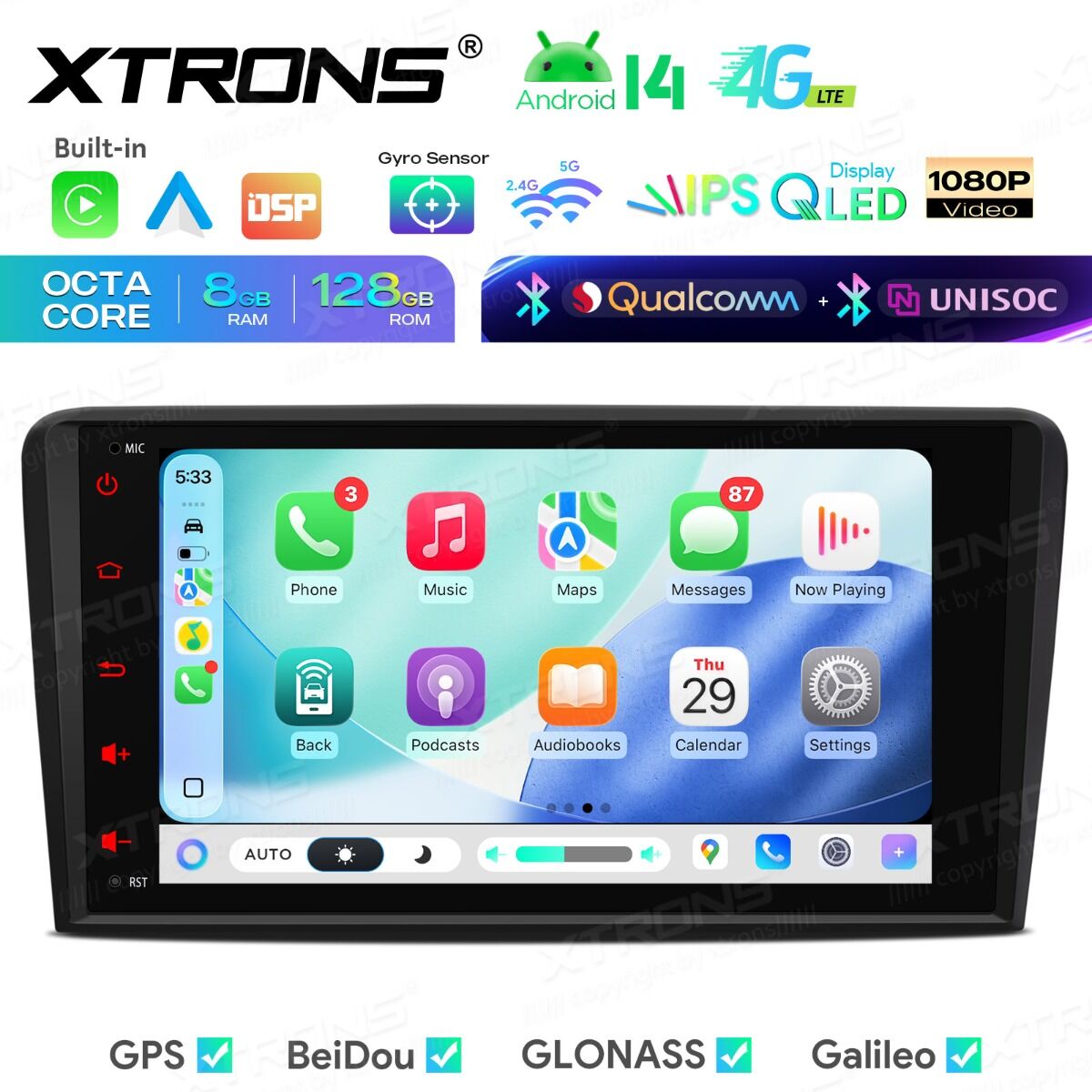 Audi A3/S3/RS3 8,8" Android 14  8-Core, 8 GB di RAM,128 GB di SSD  CarPlay wireless e Android Auto  Doppio Bluetooth e inclinometro IMH84A3AL