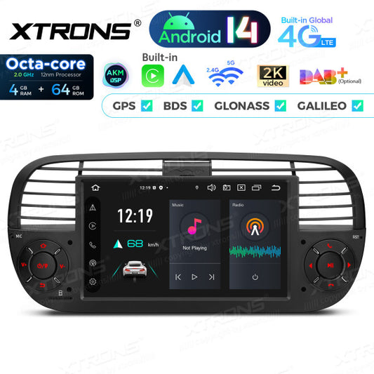 FIAT 500 2007-2015 7" Android 14 Octa-core 4+64GB  Multimedia Player  Radio DSP 4G CarPlay Android auto wireless PX7450FBL