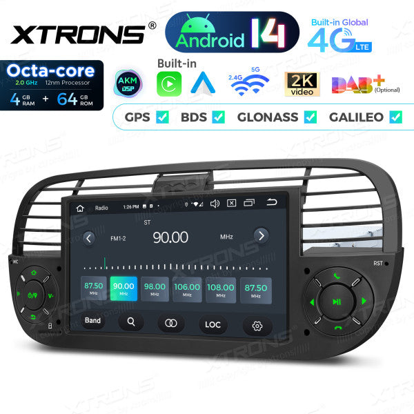 FIAT 500 2007-2015 7" Android 14 Octa-core 4+64GB  Multimedia Player  Radio DSP 4G CarPlay Android auto wireless PX7450FBL