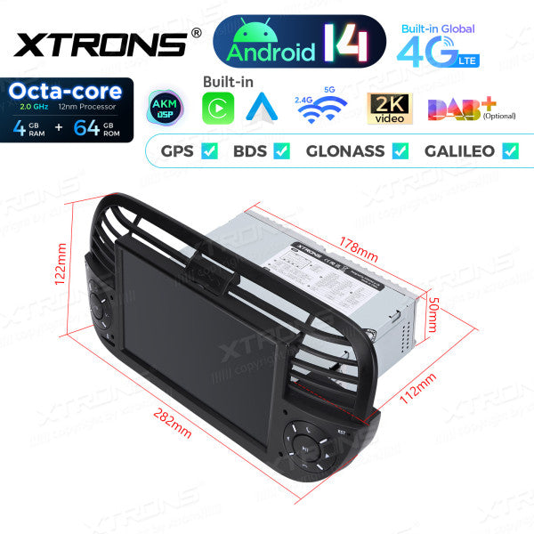 FIAT 500 2007-2015 7" Android 14 Octa-core 4+64GB  Multimedia Player  Radio DSP 4G CarPlay Android auto wireless PX7450FBL