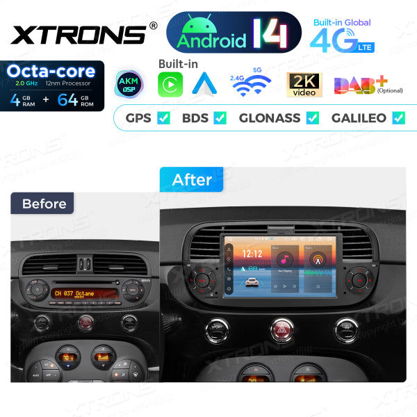 FIAT 500 2007-2015 7" Android 14 Octa-core 4+64GB  Multimedia Player  Radio DSP 4G CarPlay Android auto wireless PX7450FBL