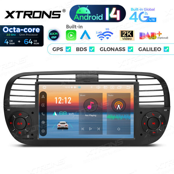 FIAT 500 2007-2015 7" Android 14 Octa-core 4+64GB  Multimedia Player  Radio DSP 4G CarPlay Android auto wireless PX7450FBL