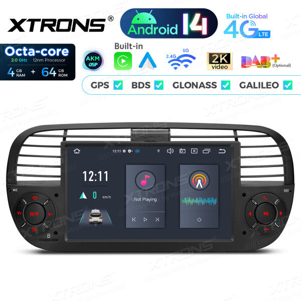 FIAT 500 2007-2015 7" Android 14 Octa-core 4+64GB  Multimedia Player  Radio DSP 4G CarPlay Android auto wireless PX7450FBL