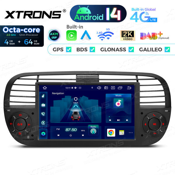 FIAT 500 2007-2015 7" Android 14 Octa-core 4+64GB  Multimedia Player  Radio DSP 4G CarPlay Android auto wireless PX7450FBL