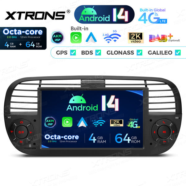 FIAT 500 2007-2015 7" Android 14 Octa-core 4+64GB  Multimedia Player  Radio DSP 4G CarPlay Android auto wireless PX7450FBL