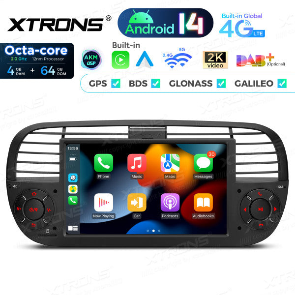FIAT 500 2007-2015 7" Android 14 Octa-core 4+64GB  Multimedia Player  Radio DSP 4G CarPlay Android auto wireless PX7450FBL