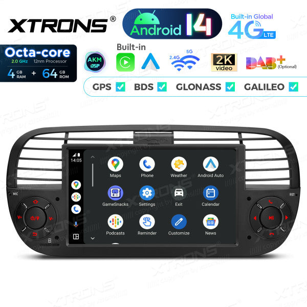 FIAT 500 2007-2015 7" Android 14 Octa-core 4+64GB  Multimedia Player  Radio DSP 4G CarPlay Android auto wireless PX7450FBL