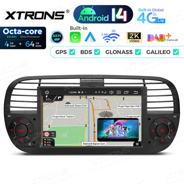 FIAT 500 2007-2015 7" Android 14 Octa-core 4+64GB  Multimedia Player  Radio DSP 4G CarPlay Android auto wireless PX7450FBL