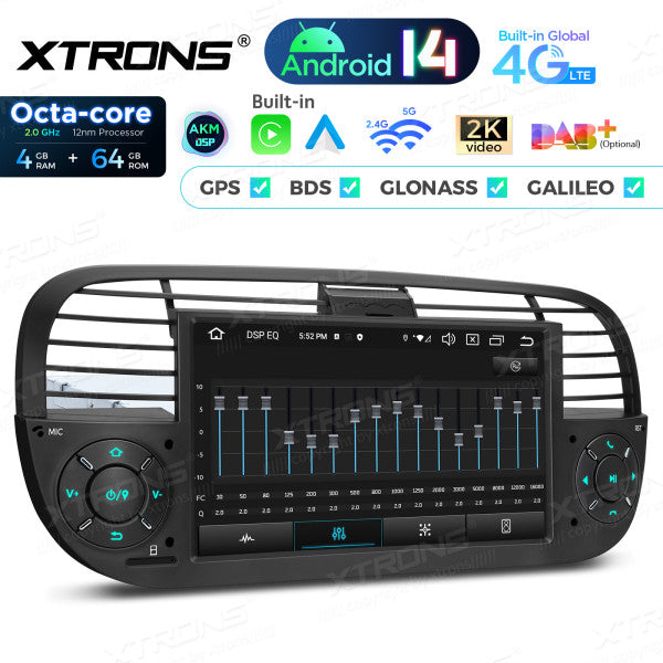 FIAT 500 2007-2015 7" Android 14 Octa-core 4+64GB  Multimedia Player  Radio DSP 4G CarPlay Android auto wireless PX7450FBL