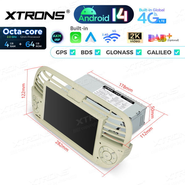 FIAT 500 2007-2015 7" Android 14 Octa-core 4+64GB  Multimedia Player  Radio DSP 4G CarPlay Android auto wireless PX7450FCL
