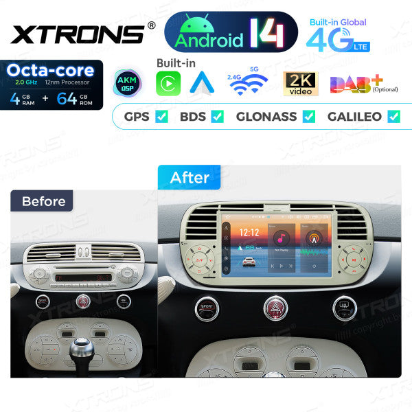 FIAT 500 2007-2015 7" Android 14 Octa-core 4+64GB  Multimedia Player  Radio DSP 4G CarPlay Android auto wireless PX7450FCL