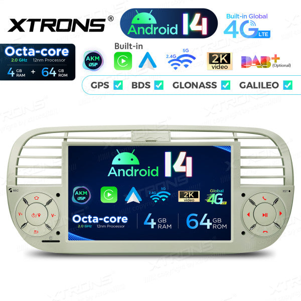 FIAT 500 2007-2015 7" Android 14 Octa-core 4+64GB  Multimedia Player  Radio DSP 4G CarPlay Android auto wireless PX7450FCL