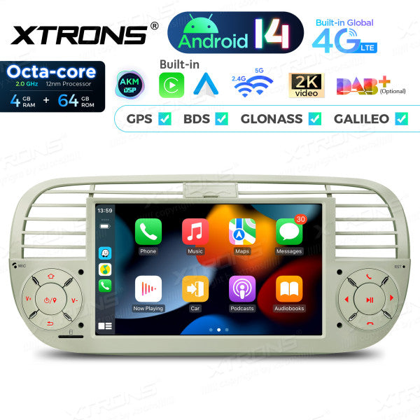 FIAT 500 2007-2015 7" Android 14 Octa-core 4+64GB  Multimedia Player  Radio DSP 4G CarPlay Android auto wireless PX7450FCL