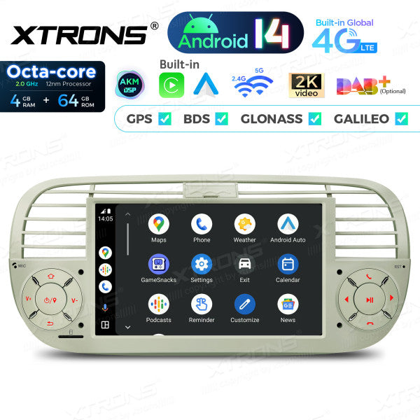FIAT 500 2007-2015 7" Android 14 Octa-core 4+64GB  Multimedia Player  Radio DSP 4G CarPlay Android auto wireless PX7450FCL