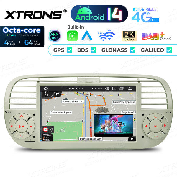 FIAT 500 2007-2015 7" Android 14 Octa-core 4+64GB  Multimedia Player  Radio DSP 4G CarPlay Android auto wireless PX7450FCL