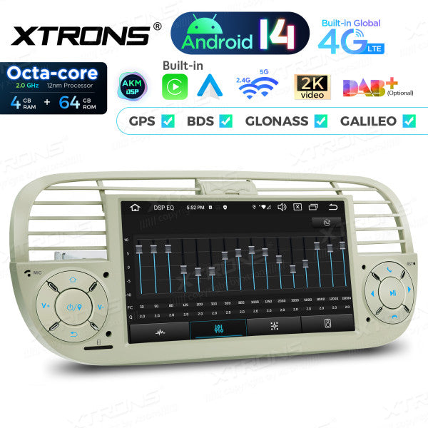 FIAT 500 2007-2015 7" Android 14 Octa-core 4+64GB  Multimedia Player  Radio DSP 4G CarPlay Android auto wireless PX7450FCL
