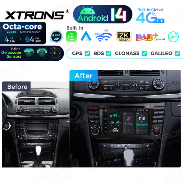 Mercedes Benz E-class W211 E200 E220 E300 E350 E240 E270 E280 W219 7" 4GB/64GB Octacore Android 14 CD / DVD /USB Carplay Android auto wireless wifi bt gps 4g  PX74M211GS