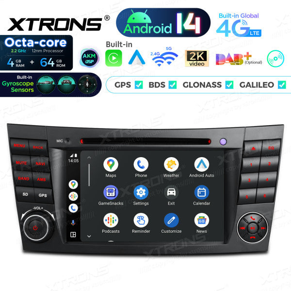 Mercedes Benz E-class W211 E200 E220 E300 E350 E240 E270 E280 W219 7" 4GB/64GB Octacore Android 14 CD / DVD /USB Carplay Android auto wireless wifi bt gps 4g  PX74M211GS