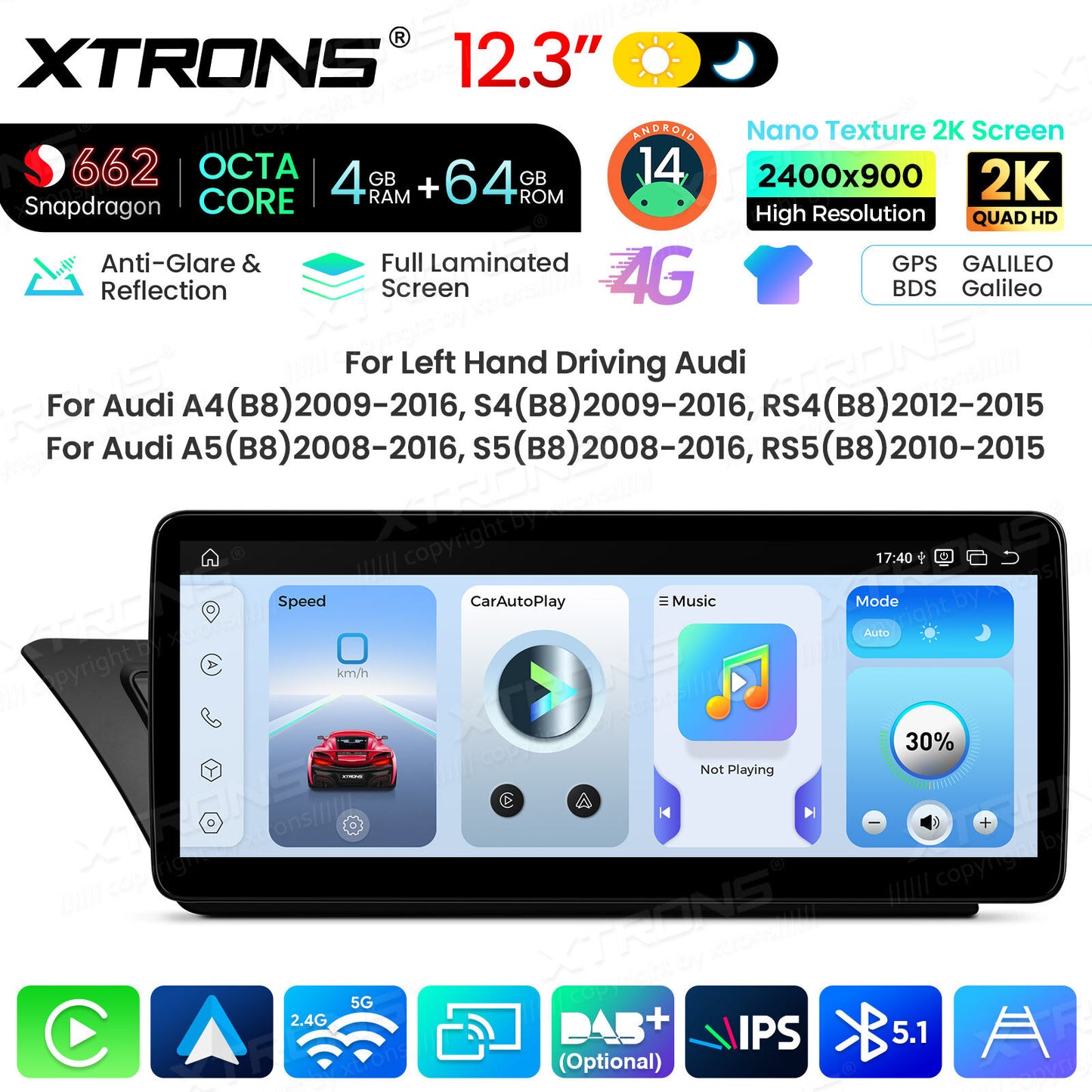 Audi A4 A4L A5 B8 2009-2016 12,3" Android 14 Stereo Car Smart System Wireless CarPlay Wireless Android Auto Multimedia Video Player Display 4G WiFi BTQBA24A4CL