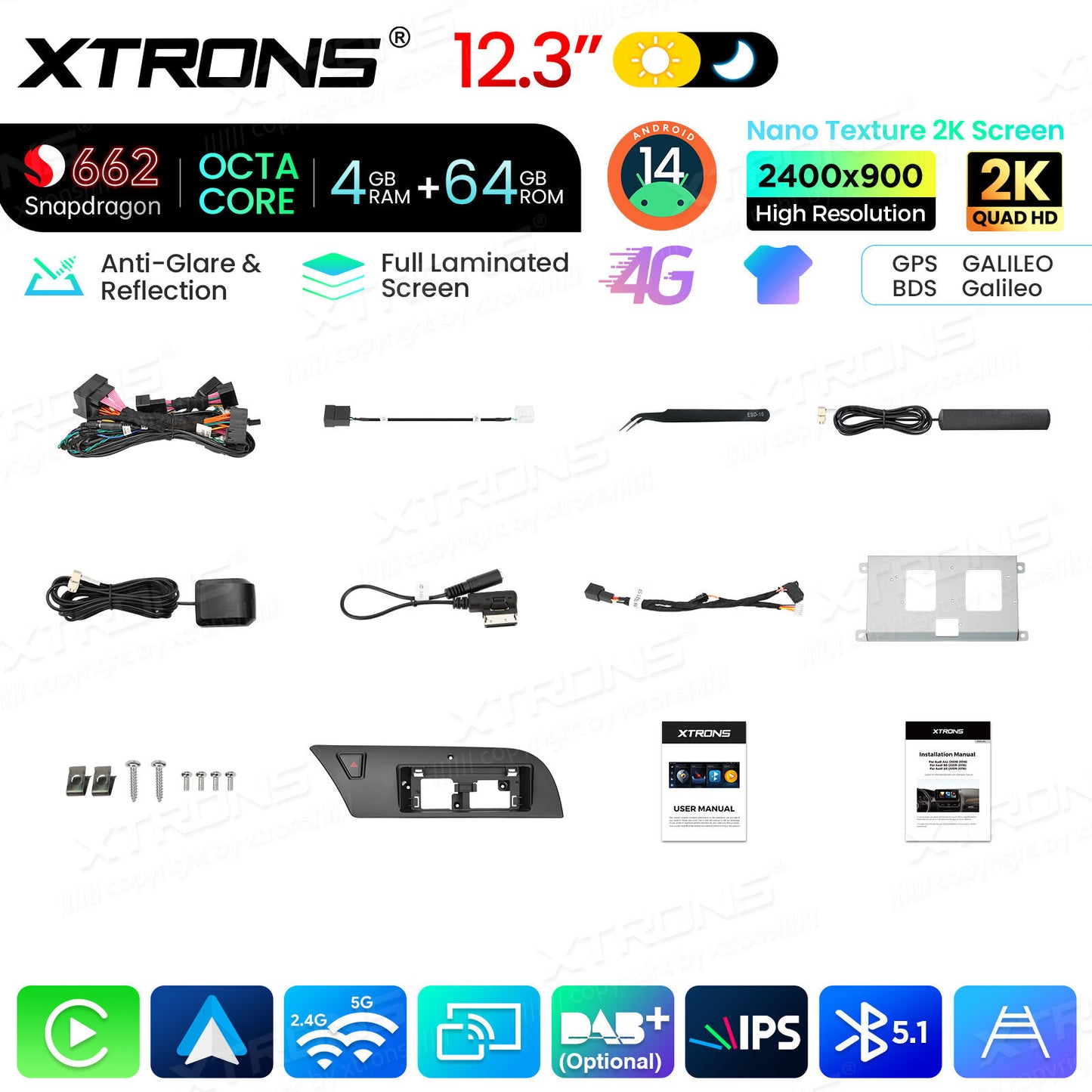 Audi A4 A4L A5 B8 2009-2016 12,3" Android 14 Stereo Car Smart System Wireless CarPlay Wireless Android Auto Multimedia Video Player Display 4G WiFi BTQBA24A4CL
