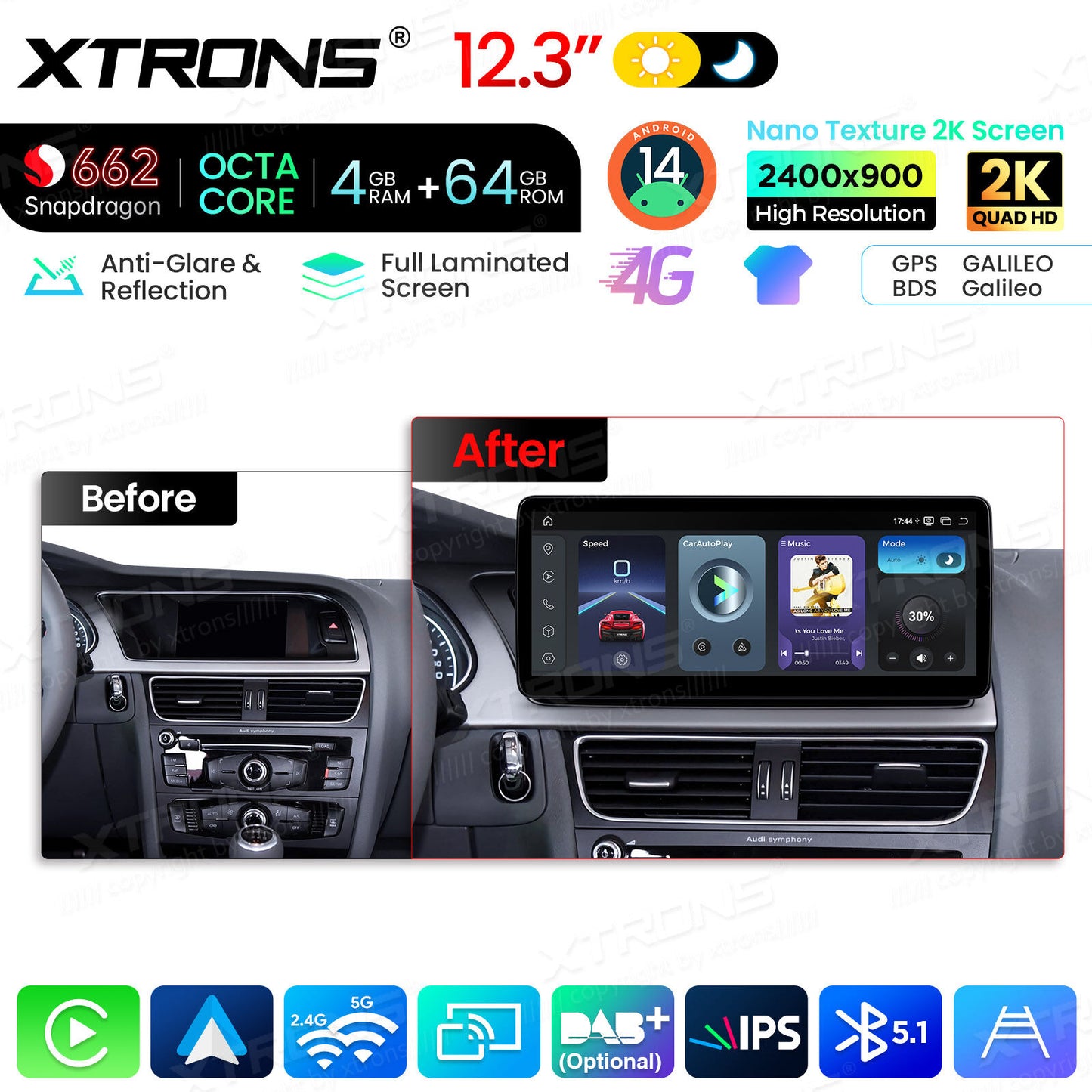 Audi A4 A4L A5 B8 2009-2016 12,3" Android 14 Stereo Car Smart System Wireless CarPlay Wireless Android Auto Multimedia Video Player Display 4G WiFi BTQBA24A4CL