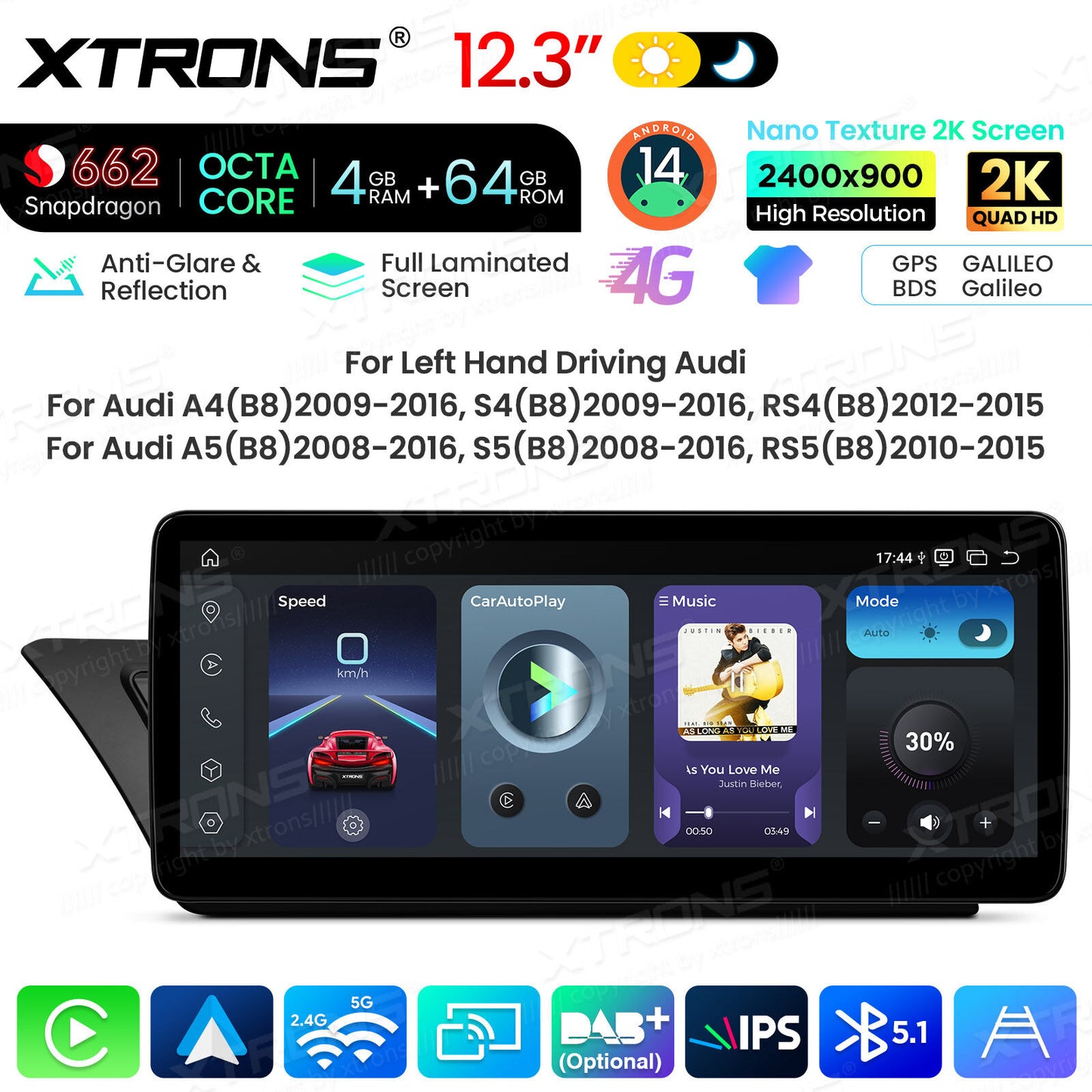 Audi A4 A4L A5 B8 2009-2016 12,3" Android 14 Stereo Car Smart System Wireless CarPlay Wireless Android Auto Multimedia Video Player Display 4G WiFi BTQBA24A4CL