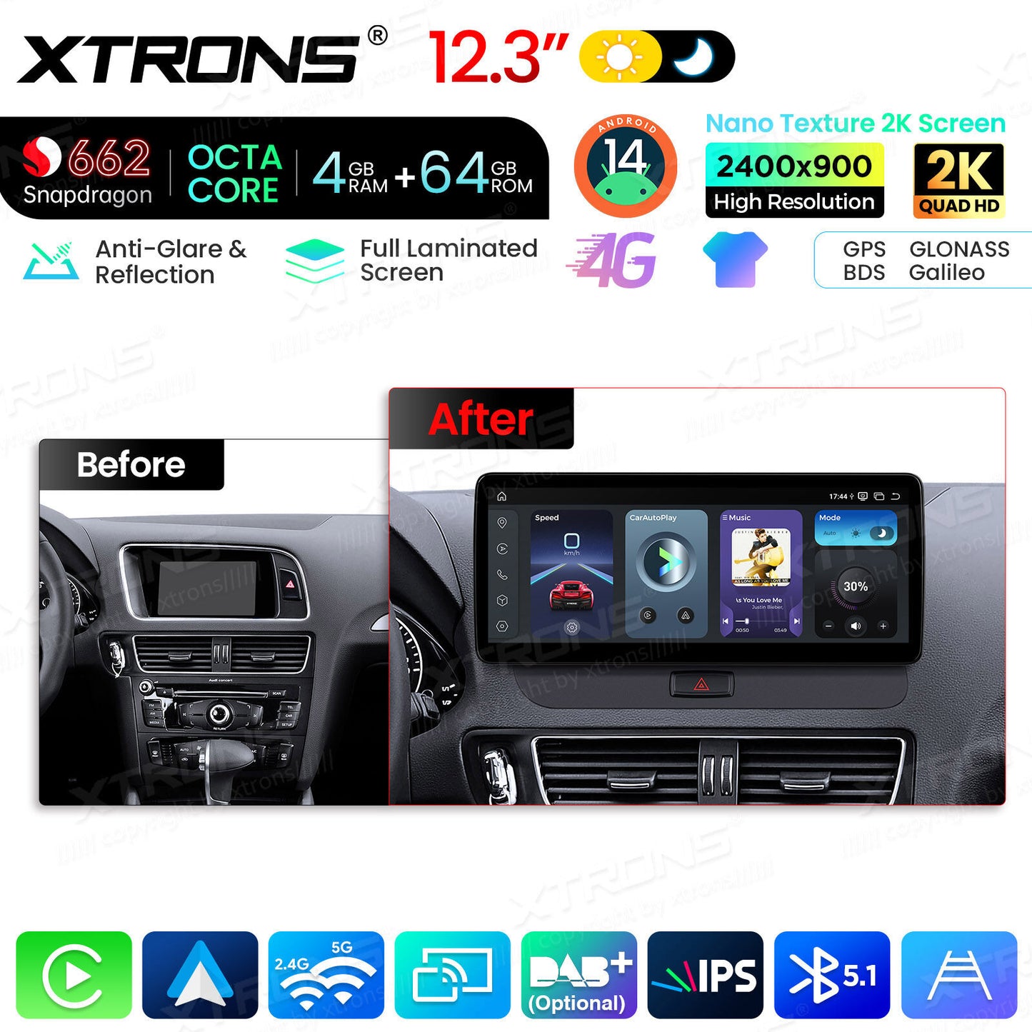 Audi Q5 (2009-2017 )12.3'' 4+64GB Snapdragon 662 Octa Core Carplay Android auto wireless 4g wifi bt  QBA24Q5CL