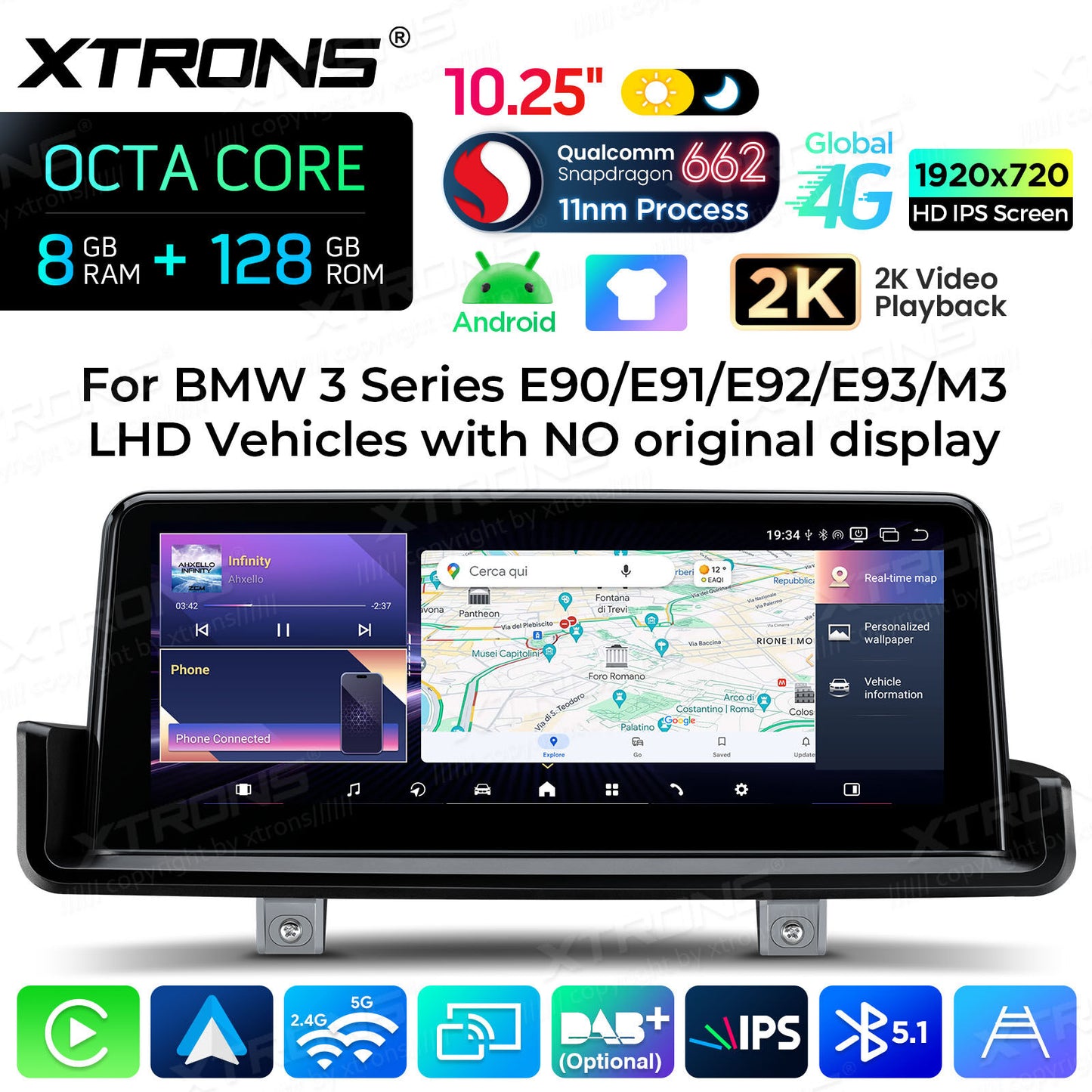 BMW E90/E91/E92/E93 (senza monitor di serie) Octacore 8/128 GB 10.25'' Android OS 4G carplay android auto wireless  QBBH1490UNL