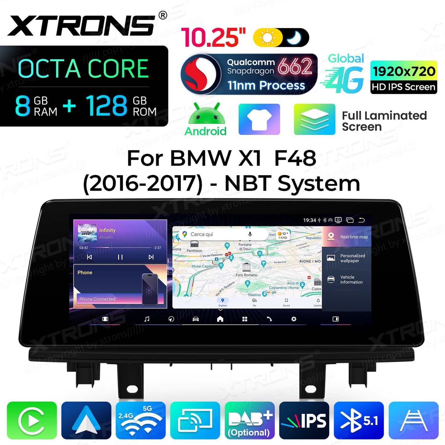 BMW X1 X2 F48 F49 F39 2016-2020 NBT 10,25" Qualcomm 668/680 Wireless CarPlay Android Auto Multimedia HD 1920*720 QLED Dual BT 4G LTE  QBBH14NB12X1N