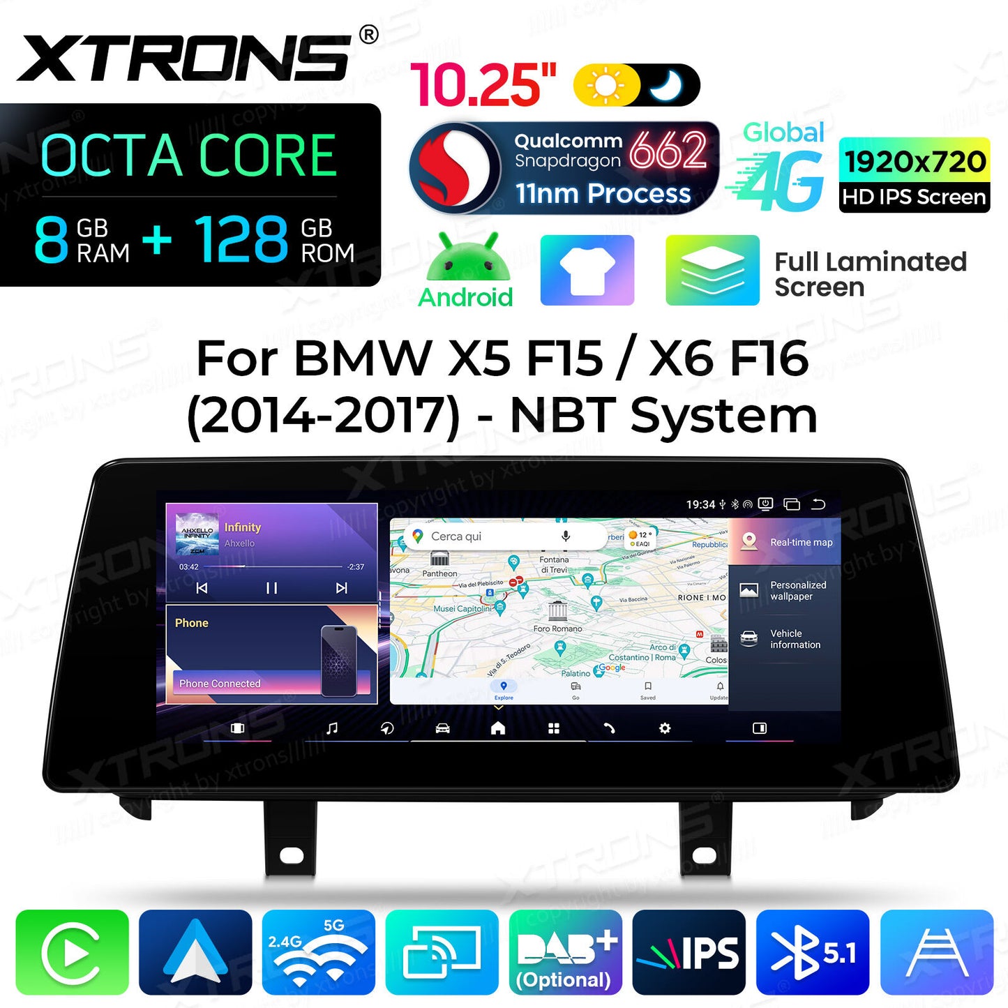 BMW X5 F15/X6 F16  NBT  Sistema operativo Android e OEM | Qualcomm 662 | Octa Core | 8 GB di RAM e 128 GB di ROM | Carpla Android auto wireless QBBH14NB12X5N