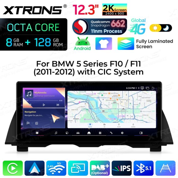 BMW 5 Series F10 / F11 CIC / 12,3" Carplay Android auto / Android e OEM / Qualcomm 680 / Octa Core / 8 GB di RAM e 128 GB di ROM / QGB23NB12FV