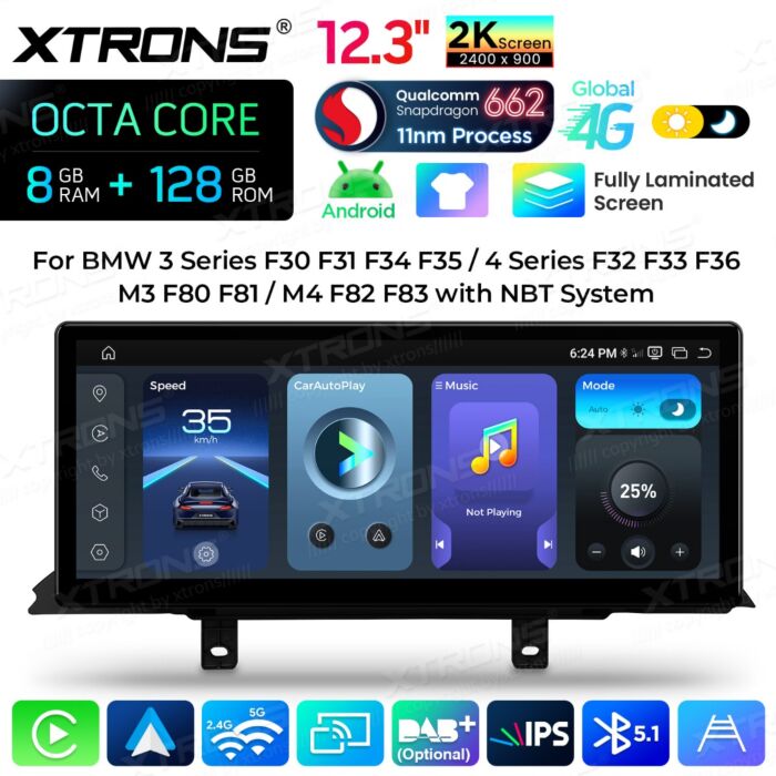 BMW 3 4 Series F30 F31 F32 F33 F34 F36 - 12,3" Android 14 Car Radio Snapdragon 680 Carplay Android Auto wireless GPS WIFI BT USB QBBHW24THNBL