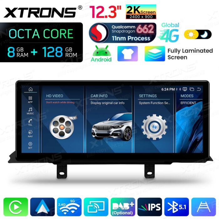 BMW 3 4 Series F30 F31 F32 F33 F34 F36 - 12,3" Android 14 Car Radio Snapdragon 680 Carplay Android Auto wireless GPS WIFI BT USB QBBHW24THNBL