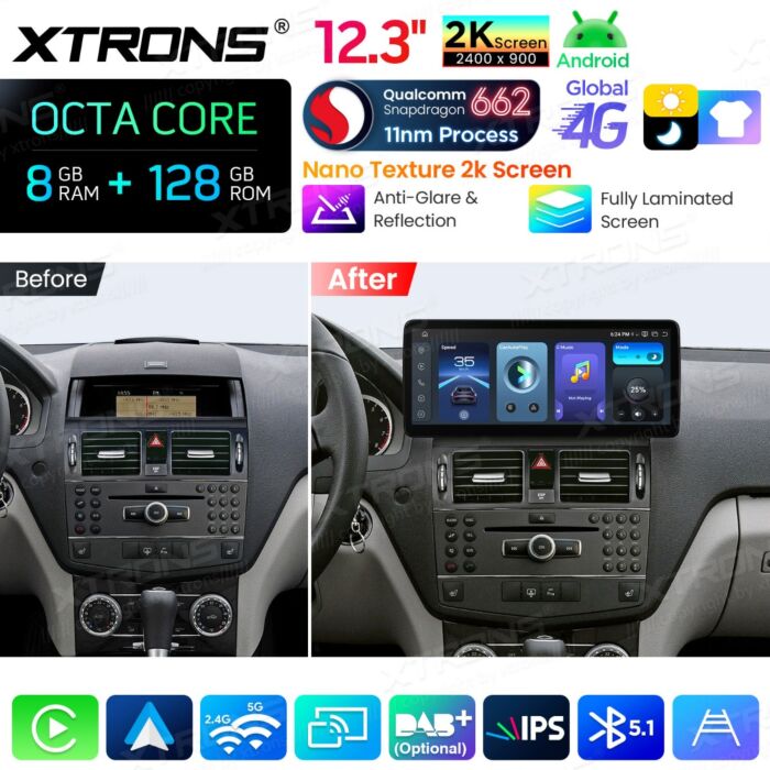 Autoradio Android da 12,3" per Mercedes-Benz Classe C W204 | Apple CarPlay e Android Auto | QBMH2440M12C40