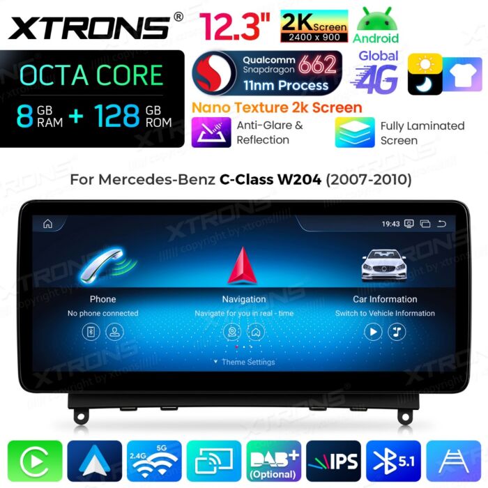 Autoradio Android da 12,3" per Mercedes-Benz Classe C W204 | Apple CarPlay e Android Auto | QBMH2440M12C40