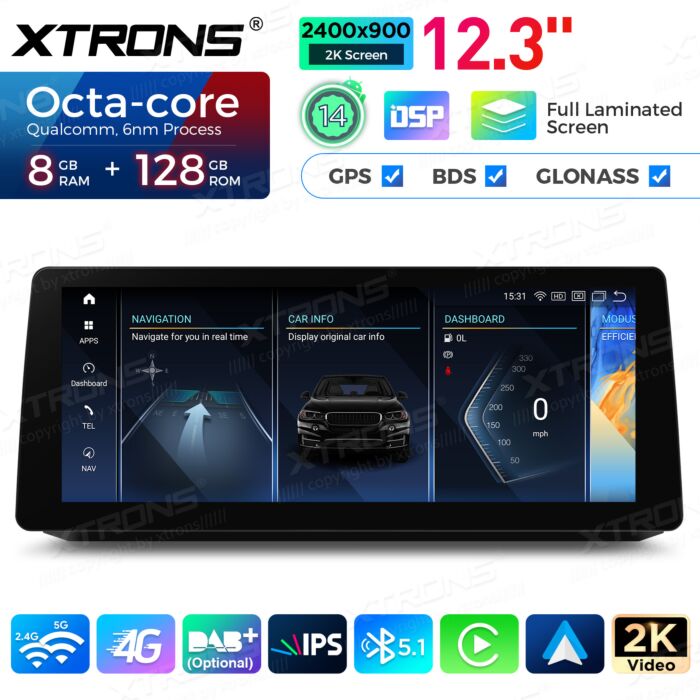 BMW | Serie 5 | Schermo 2K da 12,3″ | Sistema operativo Android e OEM | Qualcomm 680 | Octa Core | 8 GB di RAM e 128 GB di ROM | QGB24CCB12E60