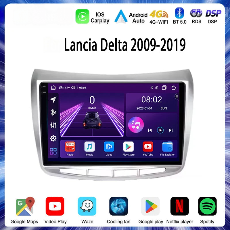 Cartablet 9"  Lancia Delta 2009-2019 Android 14 Carplay Android auto wireless wifi bluetooth navigatore satellitare Europa radio RDS AUTMLNCDT