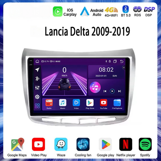 Cartablet 9"  Lancia Delta 2009-2019 Android 14 Carplay Android auto wireless wifi bluetooth navigatore satellitare Europa radio RDS AUTMLNCDT