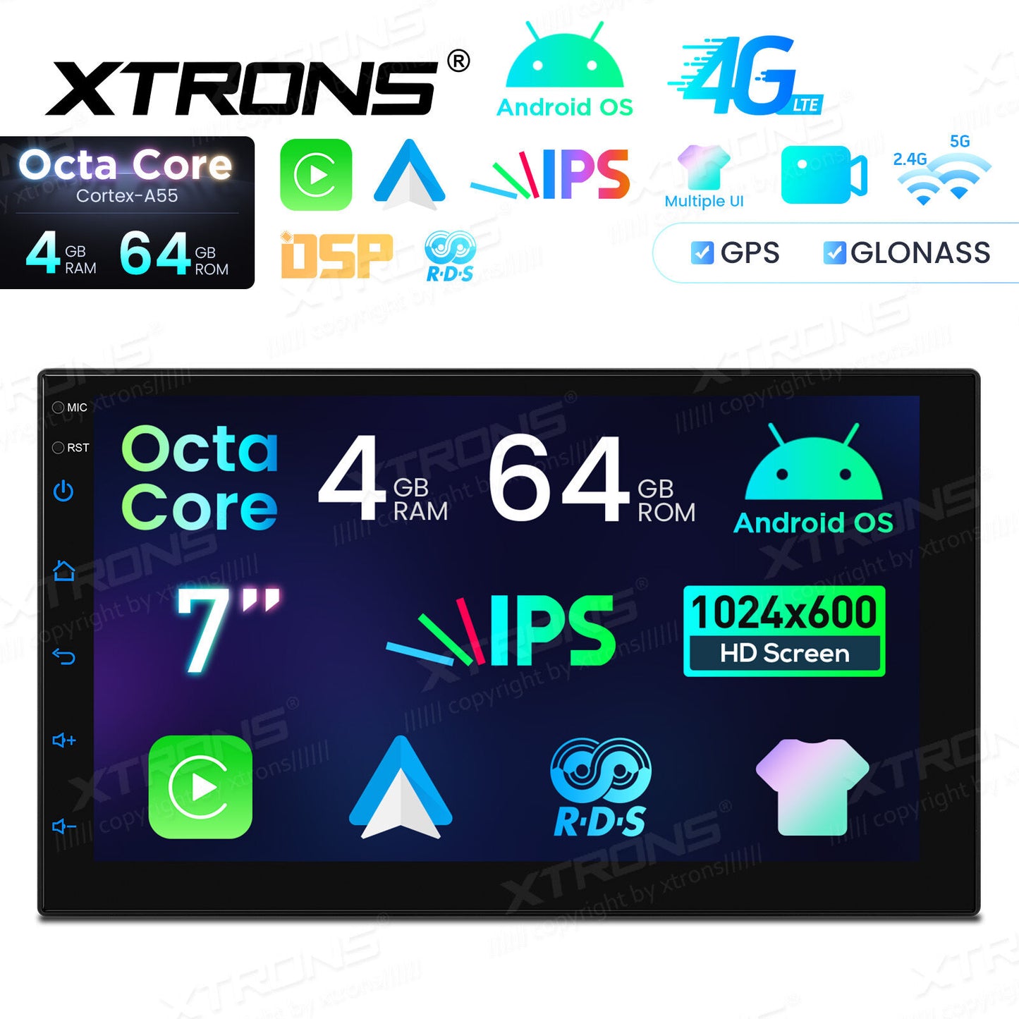 Universale 2 DIN 7" Sistema operativo Android OS 8 Core  4 GB di RAM e 64 GB di ROM  Schermo IPS Carplay Android auto wireless WIFI Bluetooth GPS  TID701L
